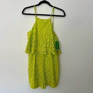 LILLY PULITZER | CELYN ROMPER IN LIME GREEN RICKY TIC TAC TILE LACE